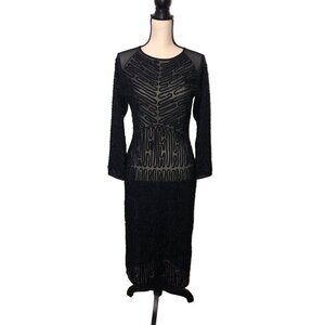 Whimsigoth Dress Black Beaded Sheer Mesh Size M Long Sleeve Midi Sheath Goth